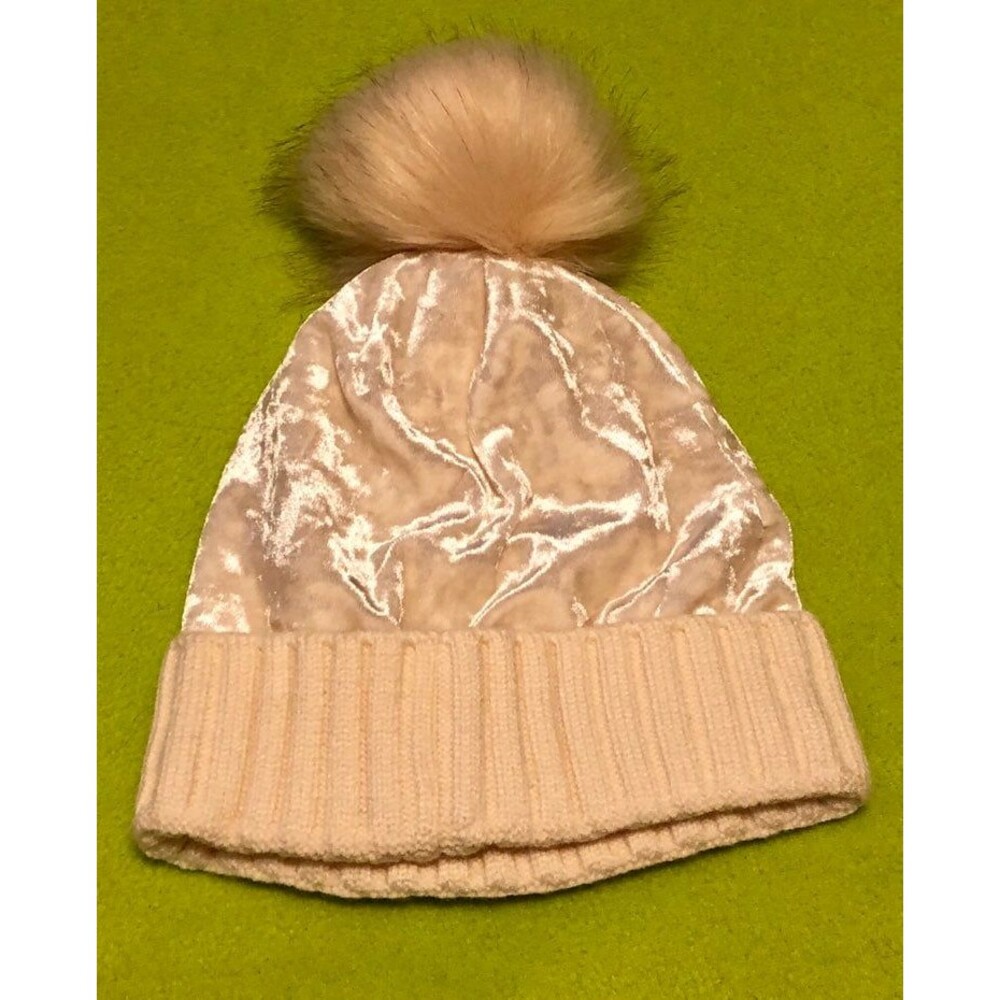 White Cream Ivory Velvet Pom Pom Beanie Hat Winter Gorpcore